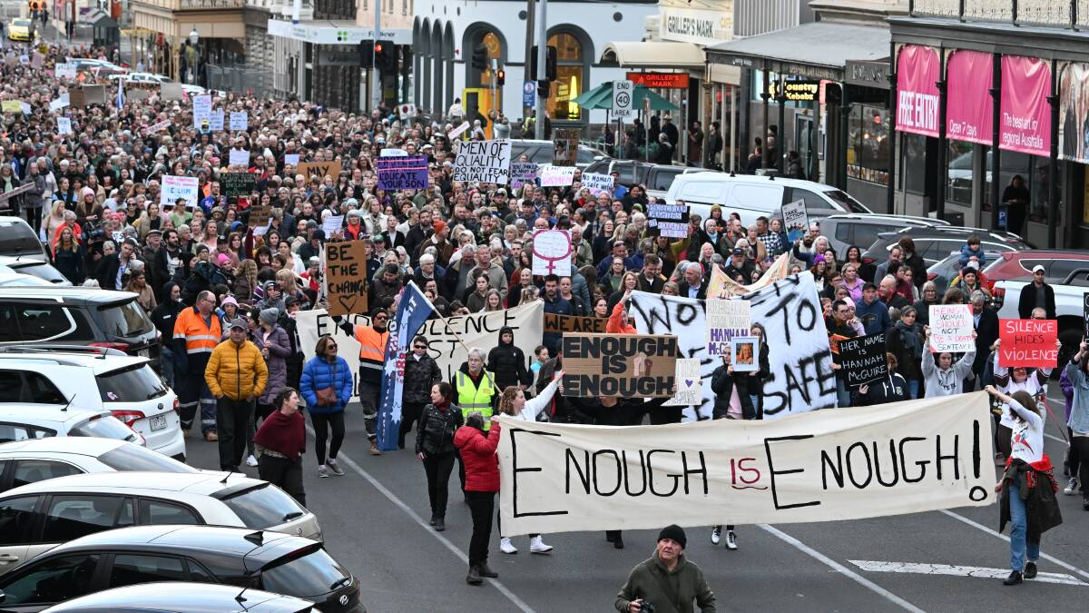 Crowds march down Lydiard Street in Ballarat. Picture by Lachlan Bence