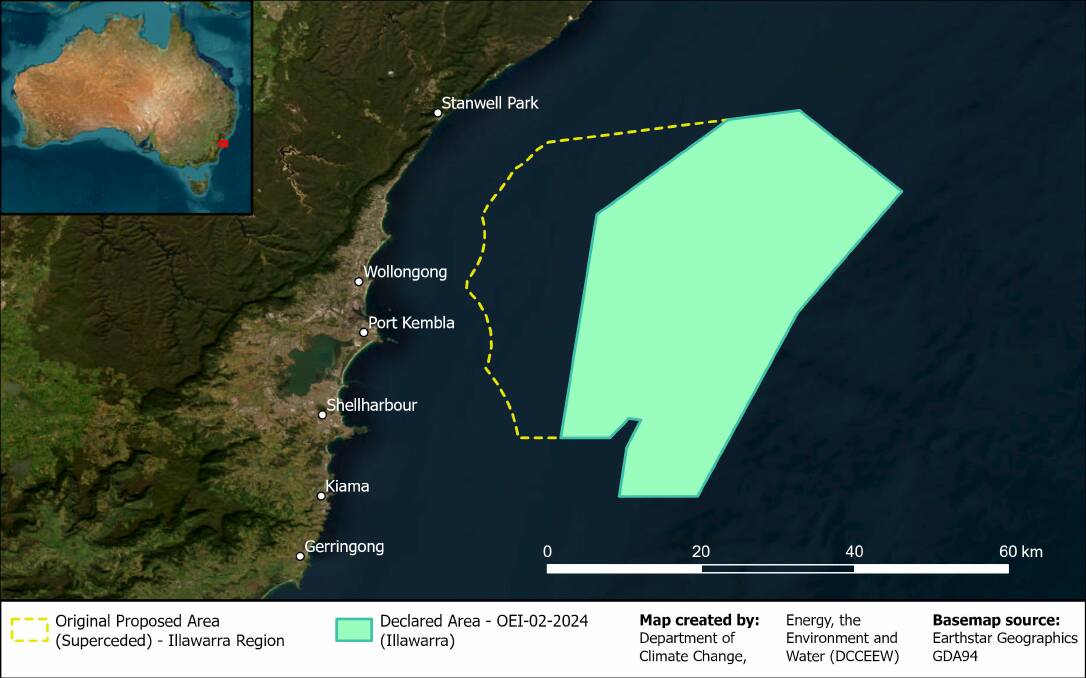 A map showing the final area and the proposed area for an Illawarra offshore wind zone. Picture supplied