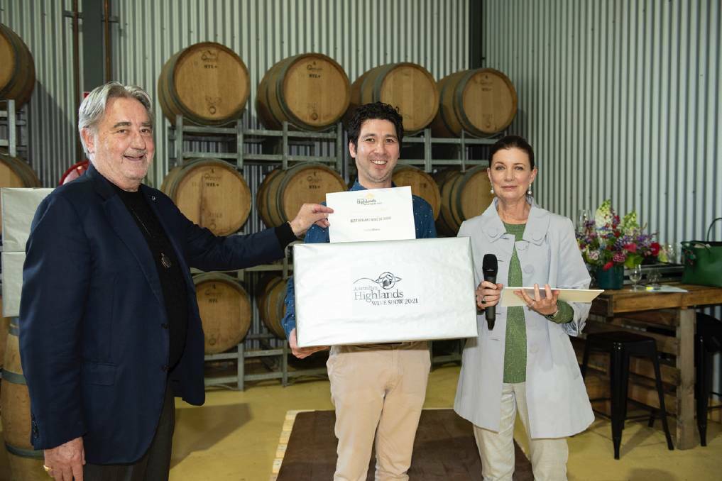 Celebrate wines with altitude this week, at the Australian Highlands Wine Awards. Tertini Wines winemaker Johnathan Holgate (middle) was awarded by Southern Highlands Food and Wine Association President Jean-Marie Simart (left) and industry liaison Katrina Hill Cooper at the Australian Highlands Wine Show ceremony in 2021. Picture: Supplied 