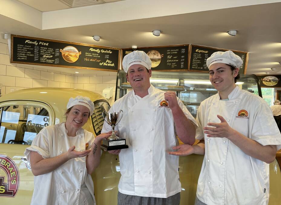 Heatherbrae's Pies bakery manager Brooke Whiteley, pastry chef and baker Garth Evans and apprentice Liam Smith are ecstatic about the shop's wins in Australia's Best Pie and Pastie Competition. Picture by Briannah Devlin
