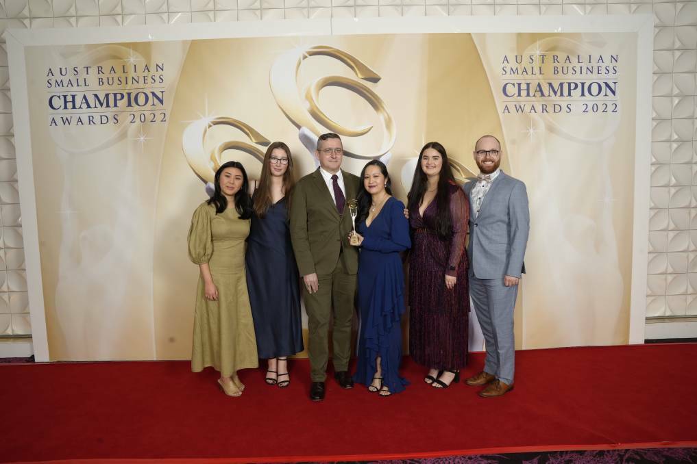 Hannaford Eyewear's Erin Tang, Eliza Bowmer, Grant Hannaford, Thao Hannaford, Katie Muscat and Jacob Owen at the 2022 Australian Small Business Champion Awards, where the business was awarded best optometrist in the country. It is a finalist this year in the Business of the Decade category. Picture supplied.
