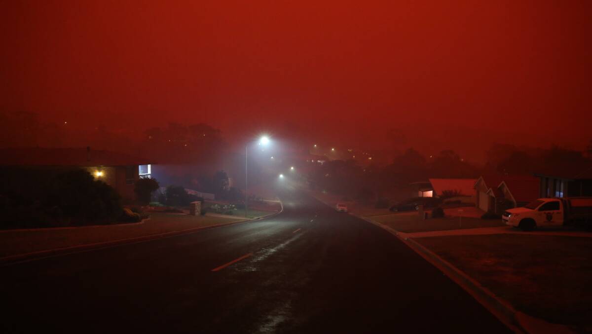A photo of a South Coast street at 4pm on January 4, 2020 where towns were plunged into artificial night as choking red and black plumes of smoke poured overhead. 