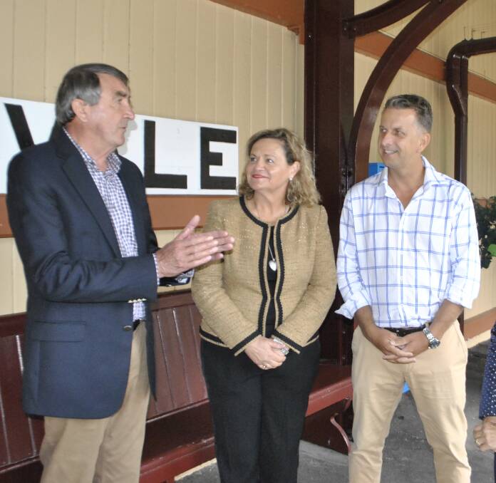 Wingecarribee Shire mayor Duncan Gair, Wendy Tuckerman and Andrew Constance discussed the bypass at Moss Vale train station in March 2019. Photo: Emily Bennett