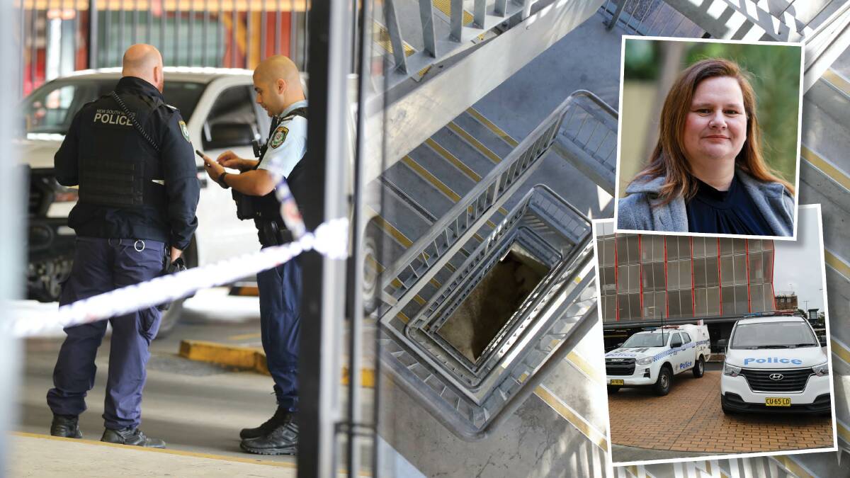 Police at the scene of Raymond McCormack's alleged murder; the stairwell in which he slept; and inset, Wollongong Homeless Hub and Housing Services CEO Mandy Booker. Pictures by Robert Peet, Adam McLean and Anna Warr