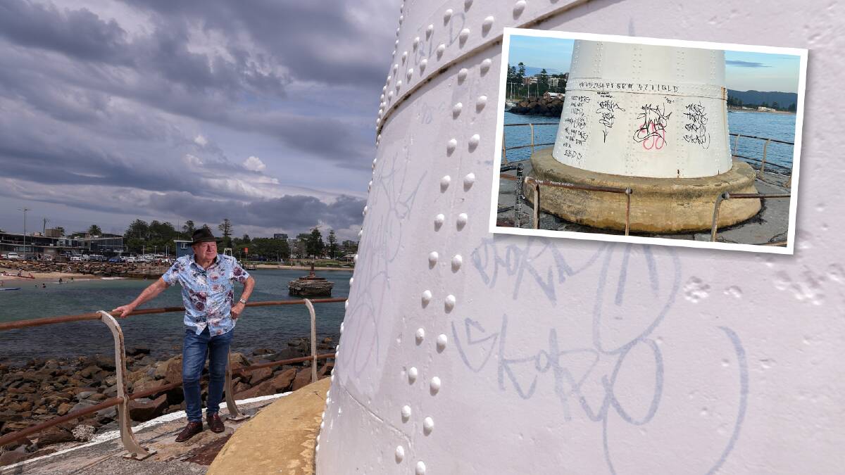 Wollongong Lord Mayor Gordon Bradbery pictured with the graffiti on Wollongong's historic breakwater lighthouse that was quickly painted over. Inset of the graffiti as it appeared on Thursday, January 4. Pictures by Adam McLean, Nadine Morton 